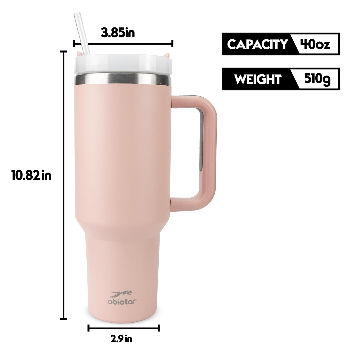 Obiatar H2.0 Tumbler with Handle, Straw & Lid 40 oz Vacuum Double Wall Insulated Stainless Steel Cup| Cup Holder Friendly (Pink)