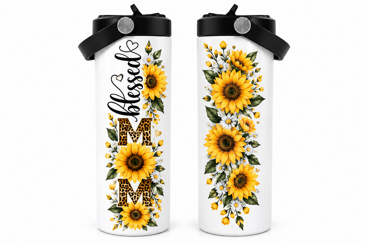 20oz Blessed Mom Sunflower Tumbler with Handle – Insulated Stainless Steel Gift for Mom