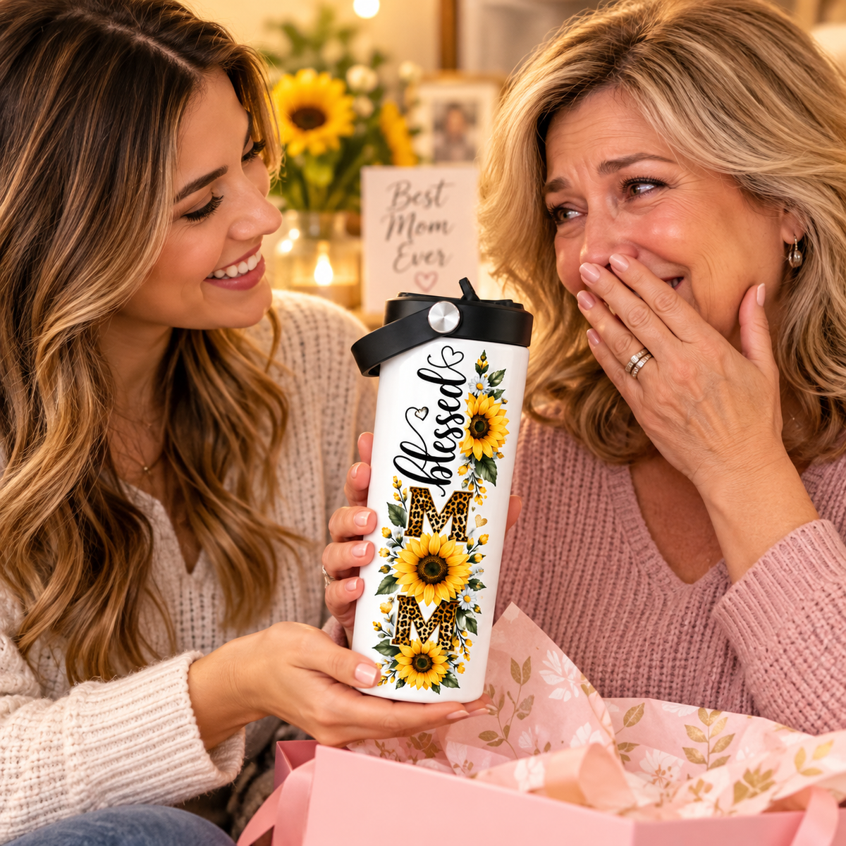 20oz Blessed Mom Sunflower Tumbler with Handle – Insulated Stainless Steel Gift for Mom