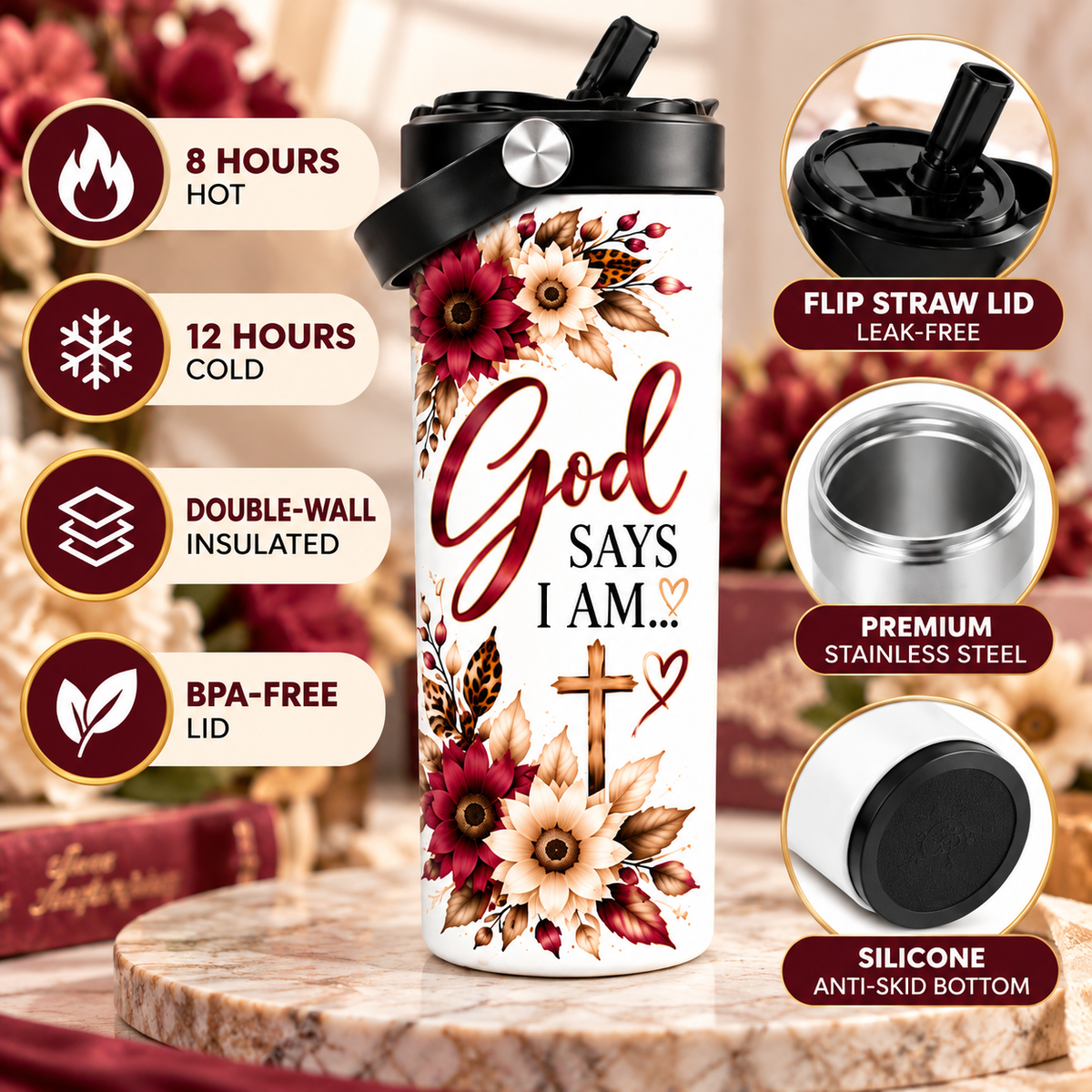 God Says I Am Christian 20oz Tumbler – Floral Faith Insulated Travel Cup with Flip Straw Lid
