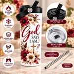 God Says I Am Christian 20oz Tumbler – Floral Faith Insulated Travel Cup with Flip Straw Lid