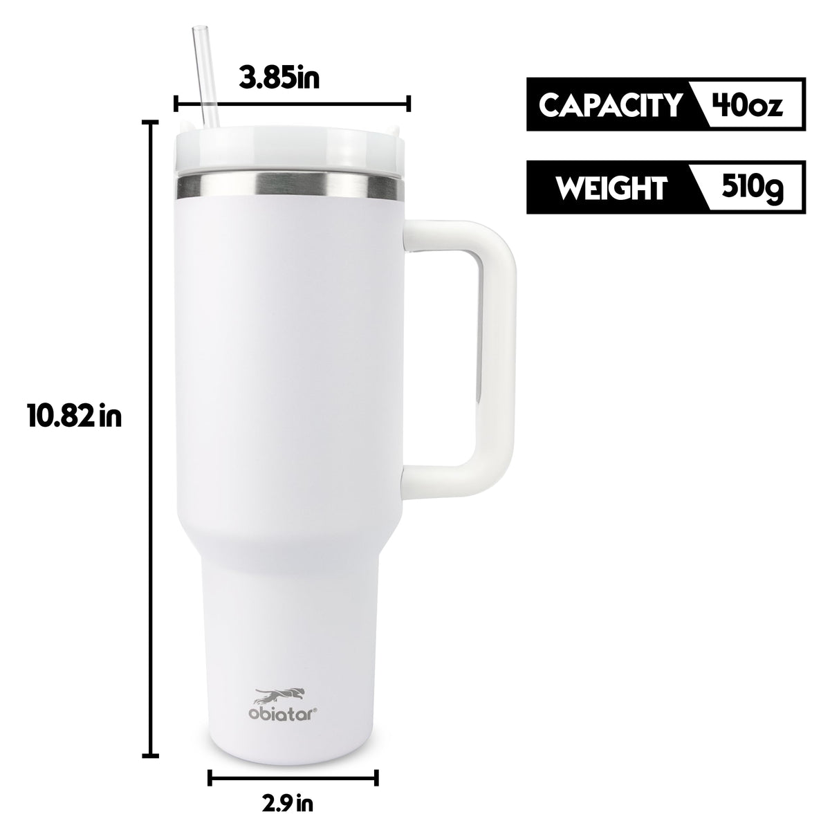 Obiatar H2.0 Tumbler with Handle, Straw & Lid 40 oz Vacuum Double Wall Insulated Stainless Steel Cup| Cup Holder Friendly (White)