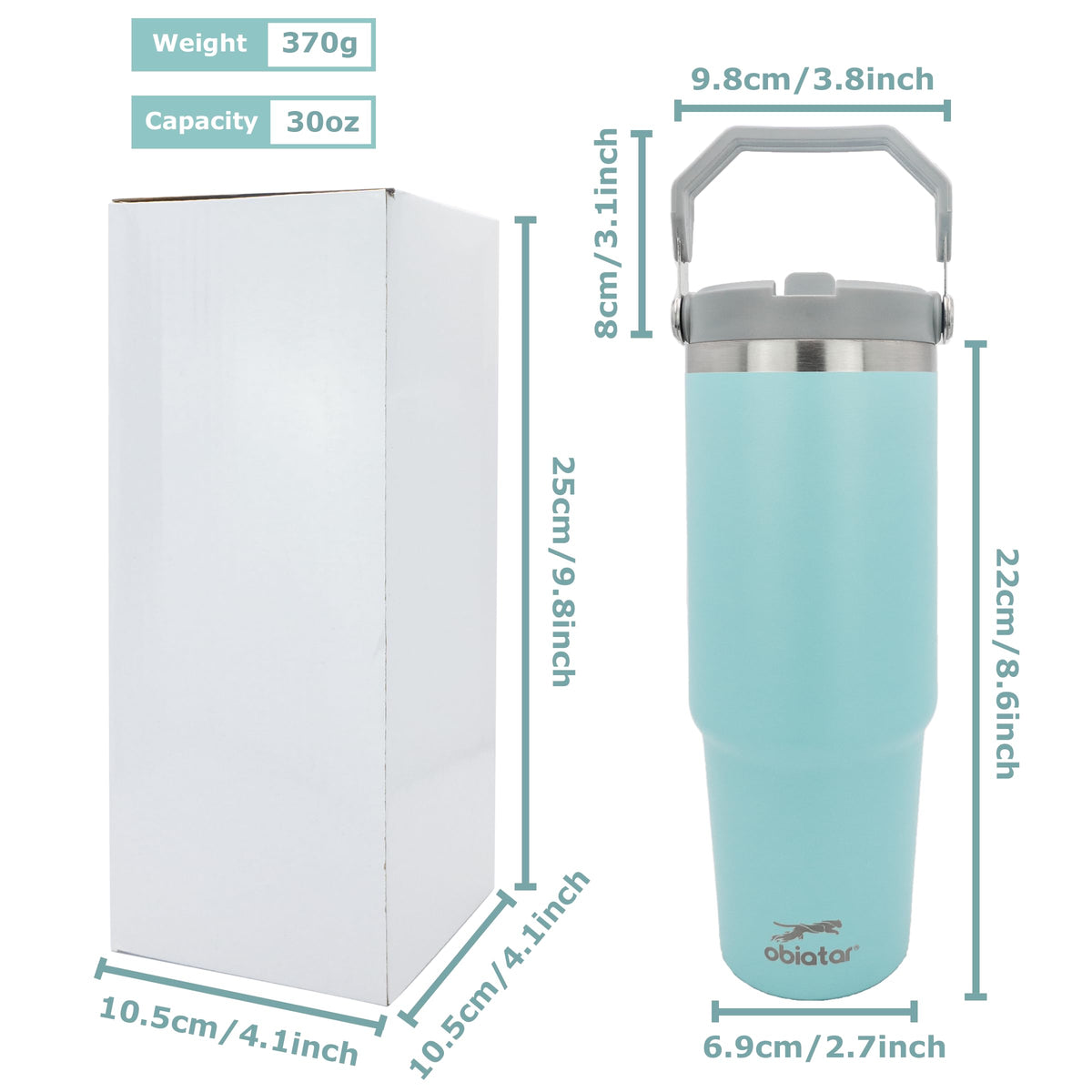 Obiatar 30 oz Tumbler with Handle | Insulated Tumbler with 100% Leak-Proof Lid and Straw | Stainless Steel Vacuum Water Bottle Travel Mug | Keeps Cold & Hot Drink (Light Blue)