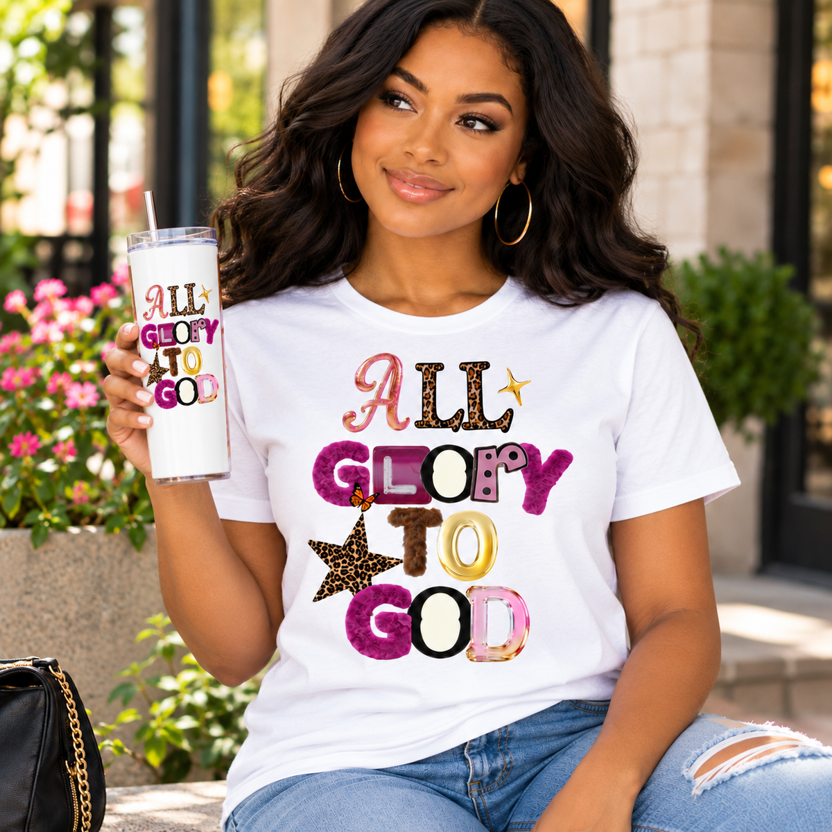 All Glory to God Christian Graphic T-Shirt for Women – Leopard Print Faith Tee
