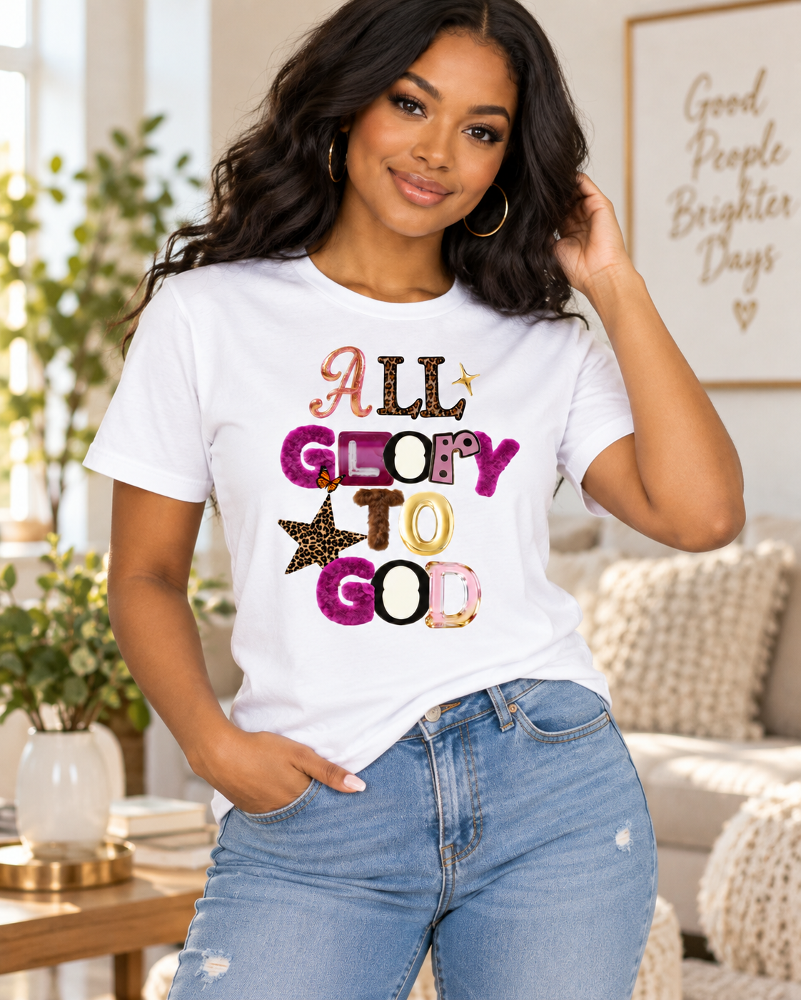 All Glory to God Christian Graphic T-Shirt for Women – Leopard Print Faith Tee