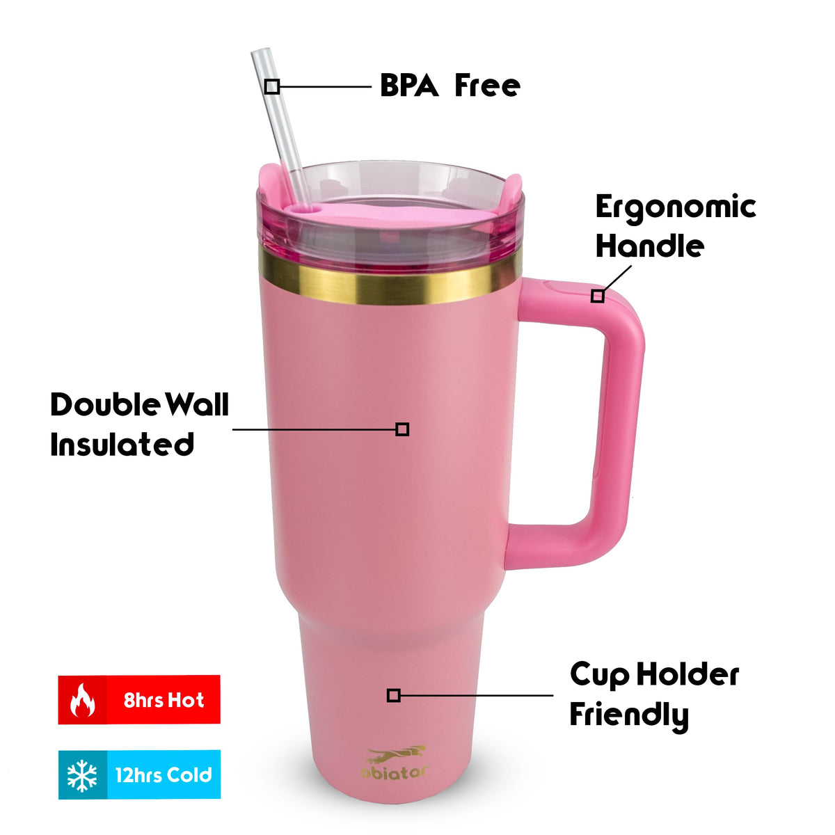 Obiatar 40oz Stainless Steel Travel Tumbler With Gold Accent| Double-Wall Vacumm Insulated Tumbler With Straw, Lid & Handle