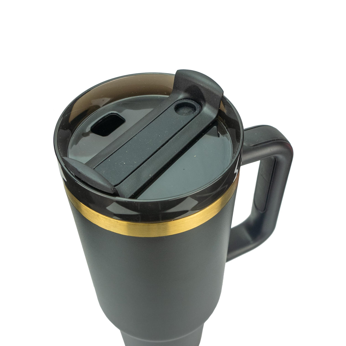 Obiatar 40oz Stainless Steel Travel Tumbler With Gold Accent| Double-Wall Vacumm Insulated Tumbler With Straw, Lid & Handle Black