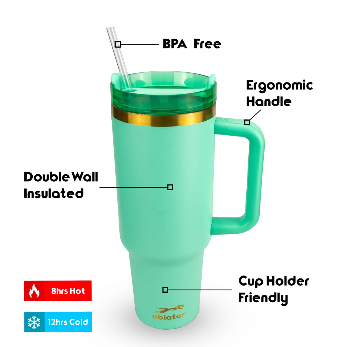 Obiatar 40oz Stainless Steel Travel Tumbler With Gold Accent| Double-Wall Vacumm Insulated Tumbler With Straw, Lid & Handle