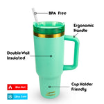 Obiatar 40oz Stainless Steel Travel Tumbler With Gold Accent| Double-Wall Vacumm Insulated Tumbler With Straw, Lid & Handle