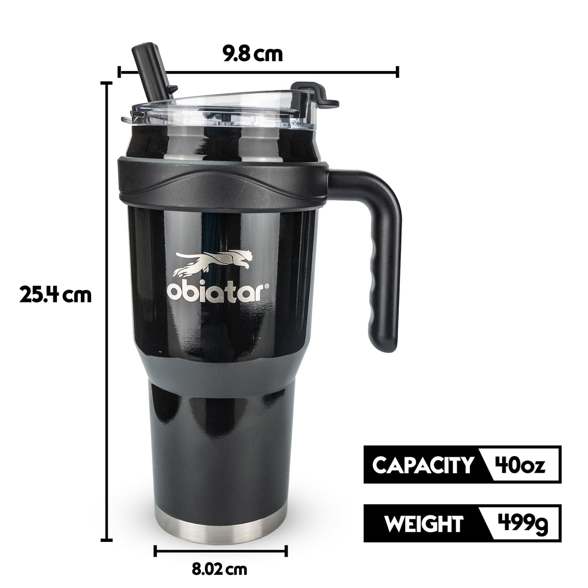 Obiatar 40oz Insulated Tumbler with Handle, Stainless Steel, Double Wall Vacuum Sealed, Leak-Proof Straw Lid (Black)