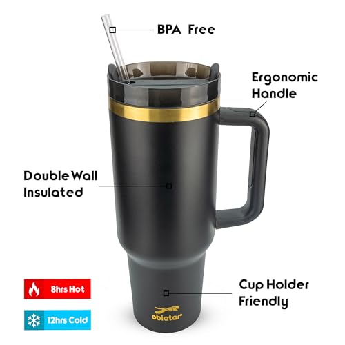 Obiatar 40oz Stainless Steel Travel Tumbler With Gold Accent| Double-Wall Vacumm Insulated Tumbler With Straw, Lid & Handle Black