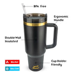 Obiatar 40oz Stainless Steel Travel Tumbler With Gold Accent| Double-Wall Vacumm Insulated Tumbler With Straw, Lid & Handle Black