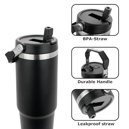 30 oz Tumbler with Handle | Insulated Tumbler with Lid and Straw | Stainless Steel Vacuum Water Bottle Travel Mug | Keeps Cold & Hot Drink (Black)