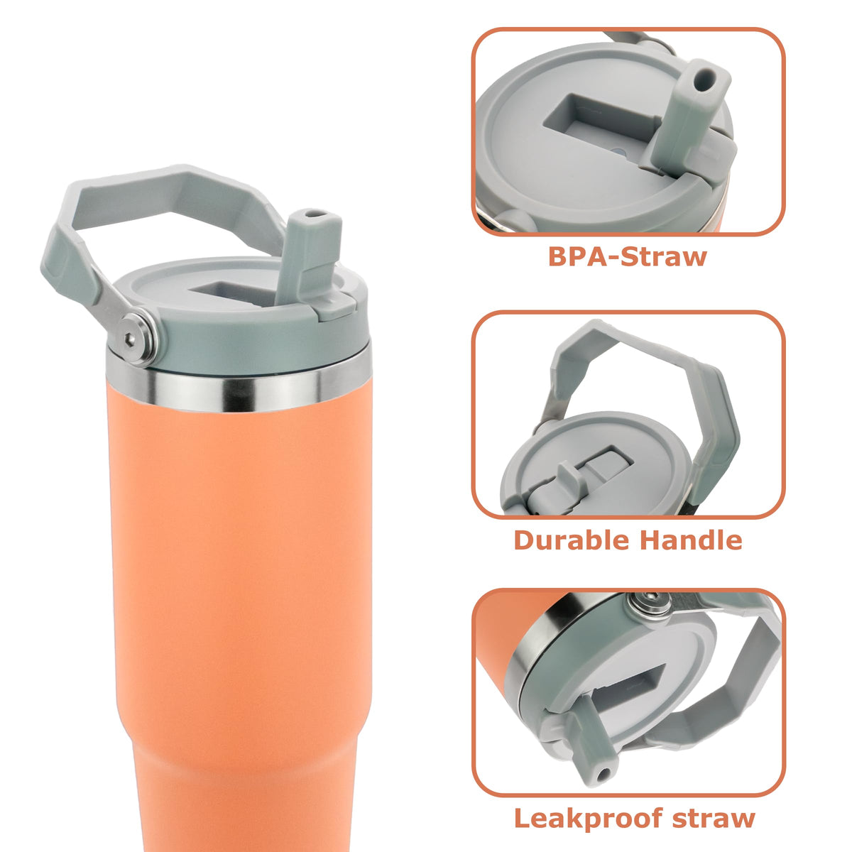 Obiatar 30 oz Tumbler with Handle | Insulated Tumbler with 100% Leak-Proof Lid and Straw | Stainless Steel Vacuum Water Bottle Travel Mug | Keeps Cold & Hot Drink (Orange)