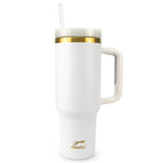 Obiatar 40oz Stainless Steel Travel Tumbler With Gold Accent| Double-Wall Vacumm Insulated Tumbler With Straw, Lid & Handle (White)