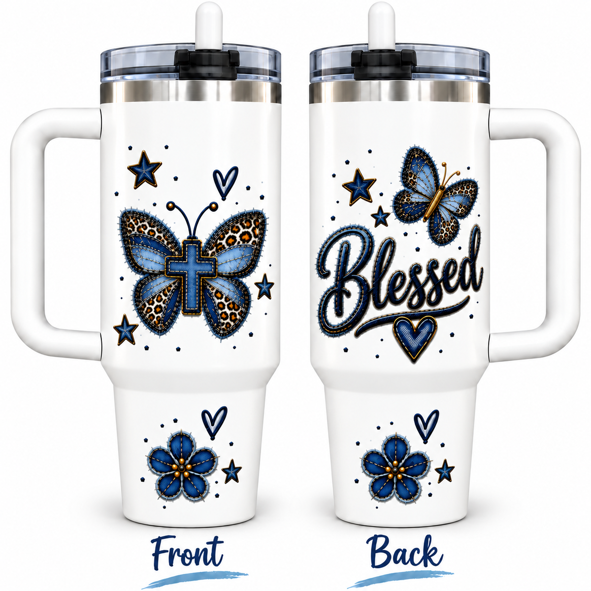 Christian Butterfly Tumbler 40 oz – Blessed Denim Cross Cup with Handle & Flip Straw Lid | Faith-Inspired Gift for Women