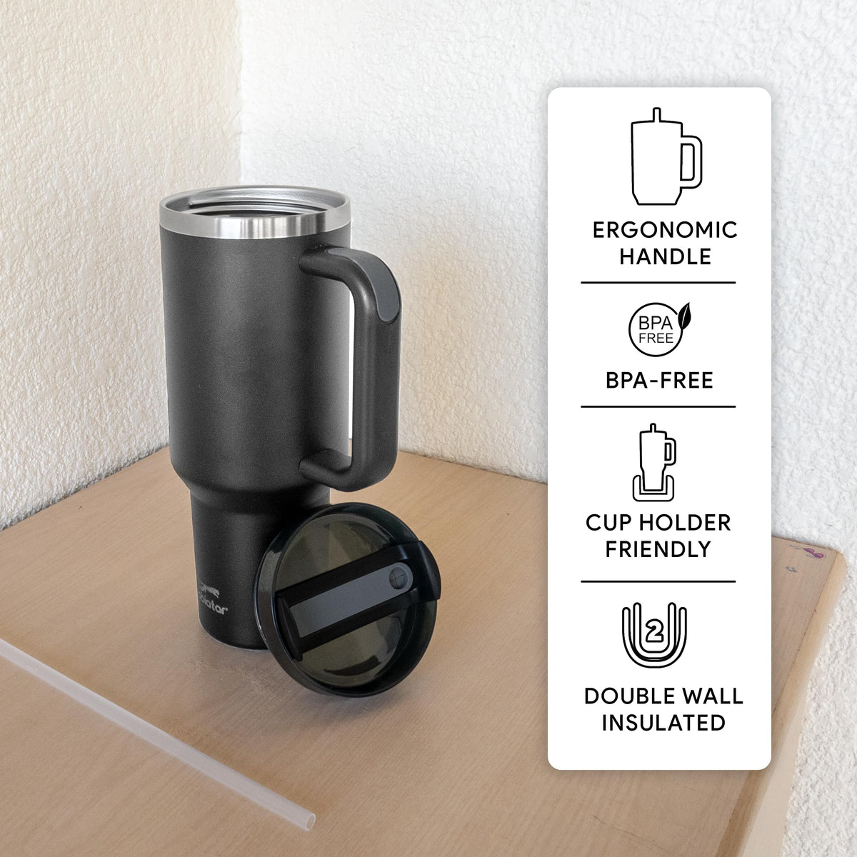 Obiatar H2.0 Tumbler with Handle, Straw & Lid 40 oz Vacuum Double Wall Insulated Stainless Steel Cup| Cup Holder Friendly (Black)