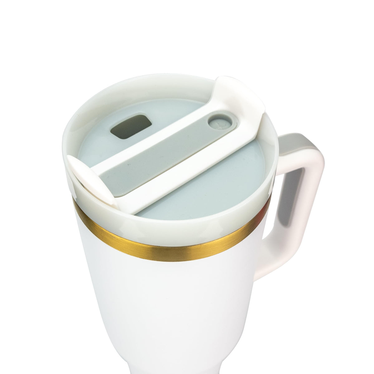 Obiatar 40oz Stainless Steel Travel Tumbler With Gold Accent| Double-Wall Vacumm Insulated Tumbler With Straw, Lid & Handle (White)