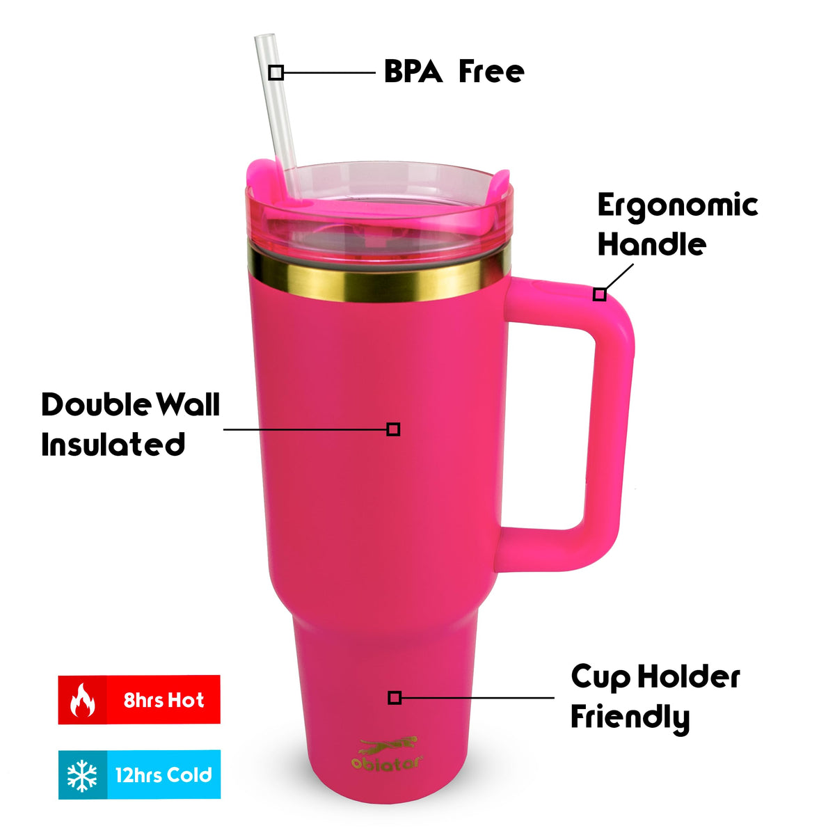 Obiatar 40oz Stainless Steel Travel Tumbler With Gold Accent| Double-Wall Vacumm Insulated Tumbler With Straw, Lid & Handle (Bright Pink)