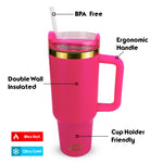 Obiatar 40oz Stainless Steel Travel Tumbler With Gold Accent| Double-Wall Vacumm Insulated Tumbler With Straw, Lid & Handle (Bright Pink)