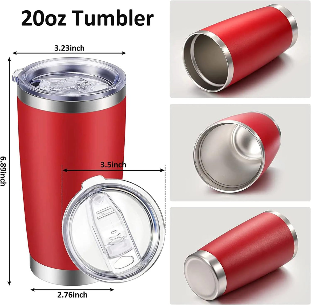 Obiatar 20oz Stainless Steel Tumbler With Lid & 2 Straws | Double-Wall Vacumm Insulated Cup for Cold & hot Drink (Red)