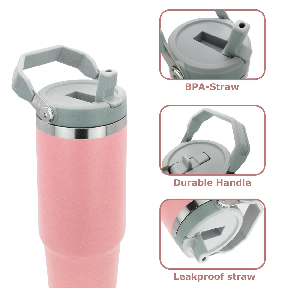 Obiatar 30 oz Tumbler with Handle | Insulated Tumbler with 100% Leak-Proof Lid and Straw | Stainless Steel Vacuum Water Bottle Travel Mug | Keeps Cold & Hot Drink (Pink)