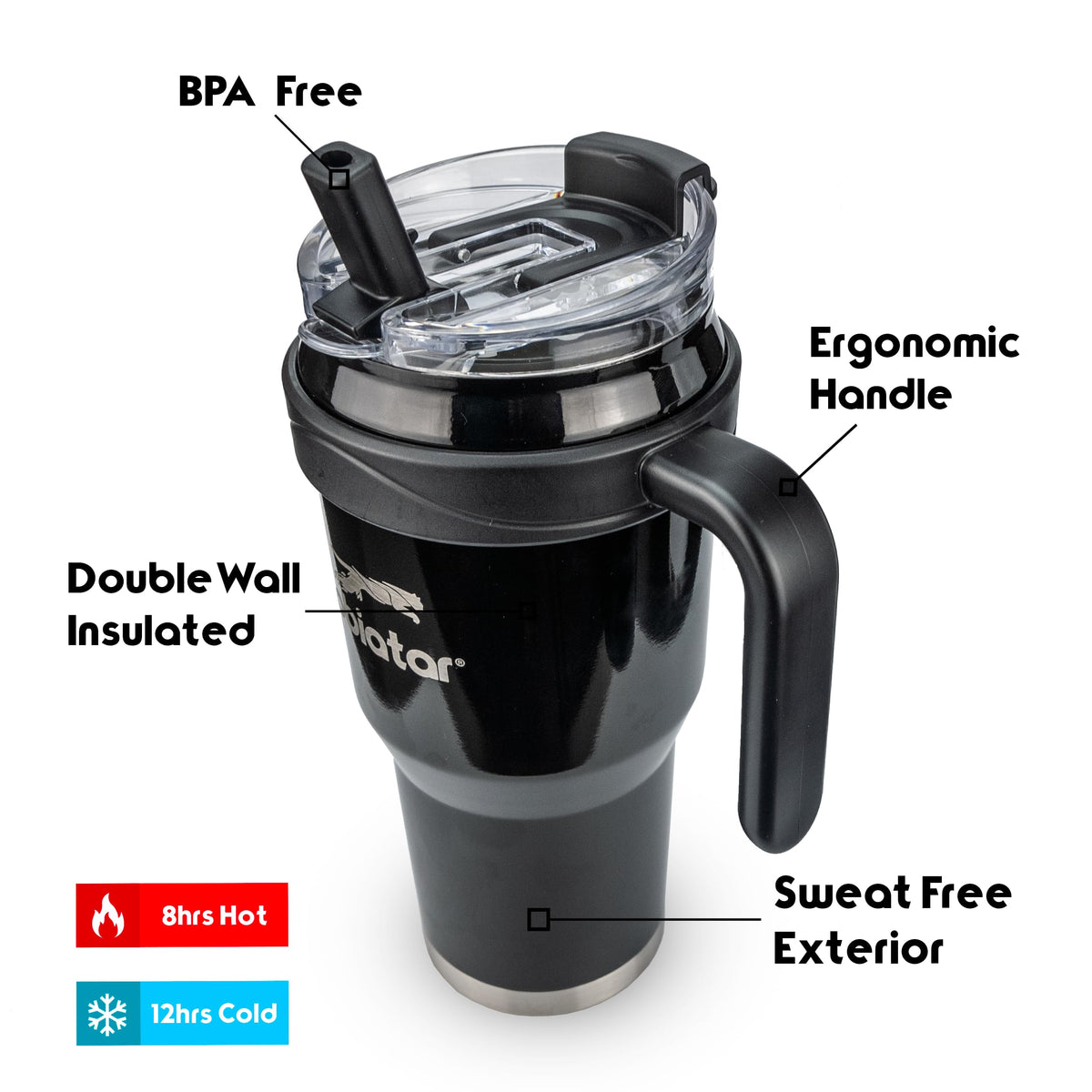 Obiatar 40oz Insulated Tumbler with Handle, Stainless Steel, Double Wall Vacuum Sealed, Leak-Proof Straw Lid (Black)