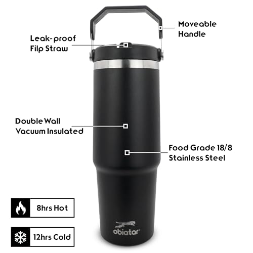 30 oz Tumbler with Handle | Insulated Tumbler with Lid and Straw | Stainless Steel Vacuum Water Bottle Travel Mug | Keeps Cold & Hot Drink (Black)