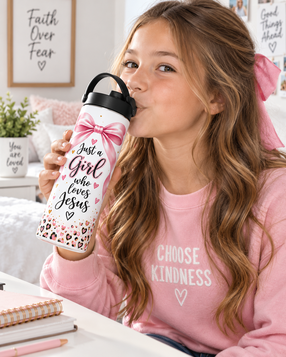 Just a Girl Who Loves Jesus" Pink Bow & Butterfly 20oz Insulated Tumbler | Leak-Proof Lid