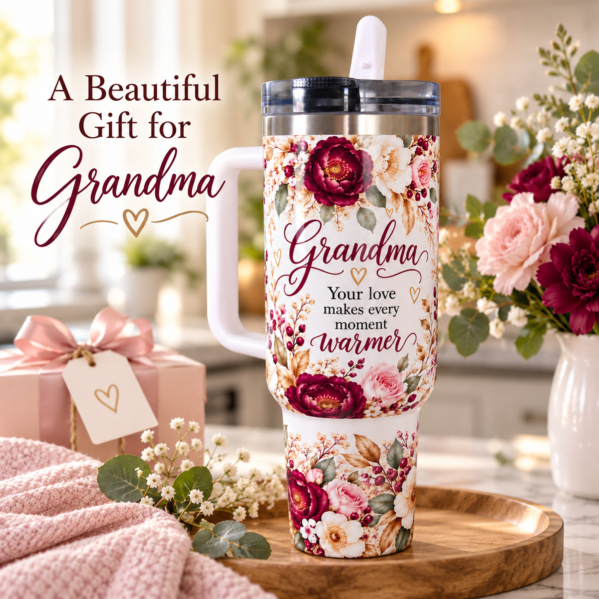 Grandma 40 oz Tumbler with Handle & Flip Straw Lid, Floral Insulated Stainless Steel Travel Cup, Cupholder Friendly, Hot & Cold Drink Mug, Gift for Grandma