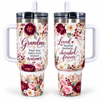 Grandma 40 oz Tumbler with Handle & Flip Straw Lid, Floral Insulated Stainless Steel Travel Cup, Cupholder Friendly, Hot & Cold Drink Mug, Gift for Grandma