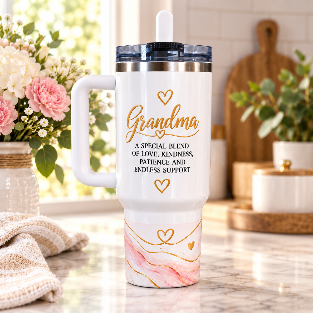 Grandma “A Special Blend of Love” 40oz Tumbler – Leak-Free Flip Straw Stainless Steel Cup