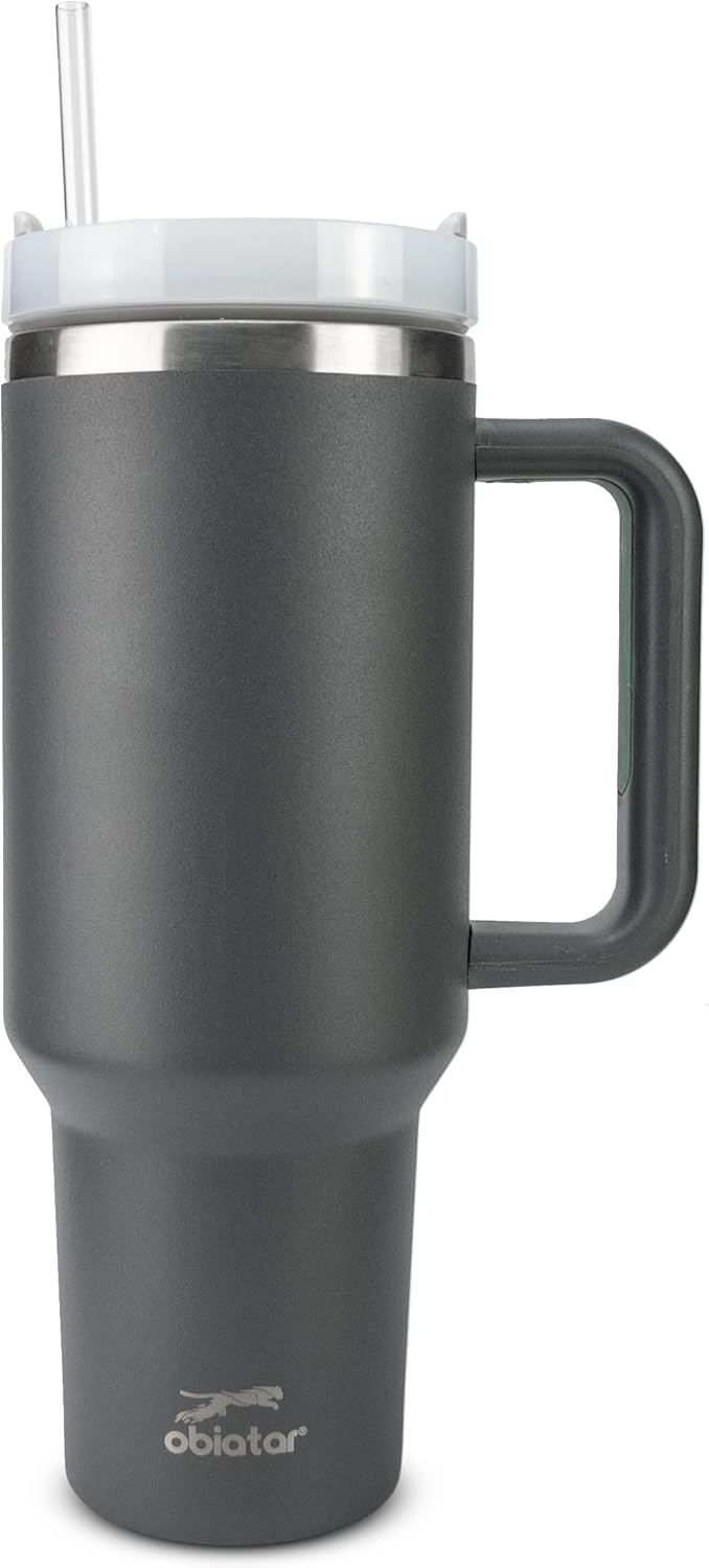 Obiatar H2.0 Tumbler with Handle, Straw & Lid 40 oz Vacuum Double Wall Insulated Stainless Steel Cup| Cup Holder Friendly (Dark Gray)