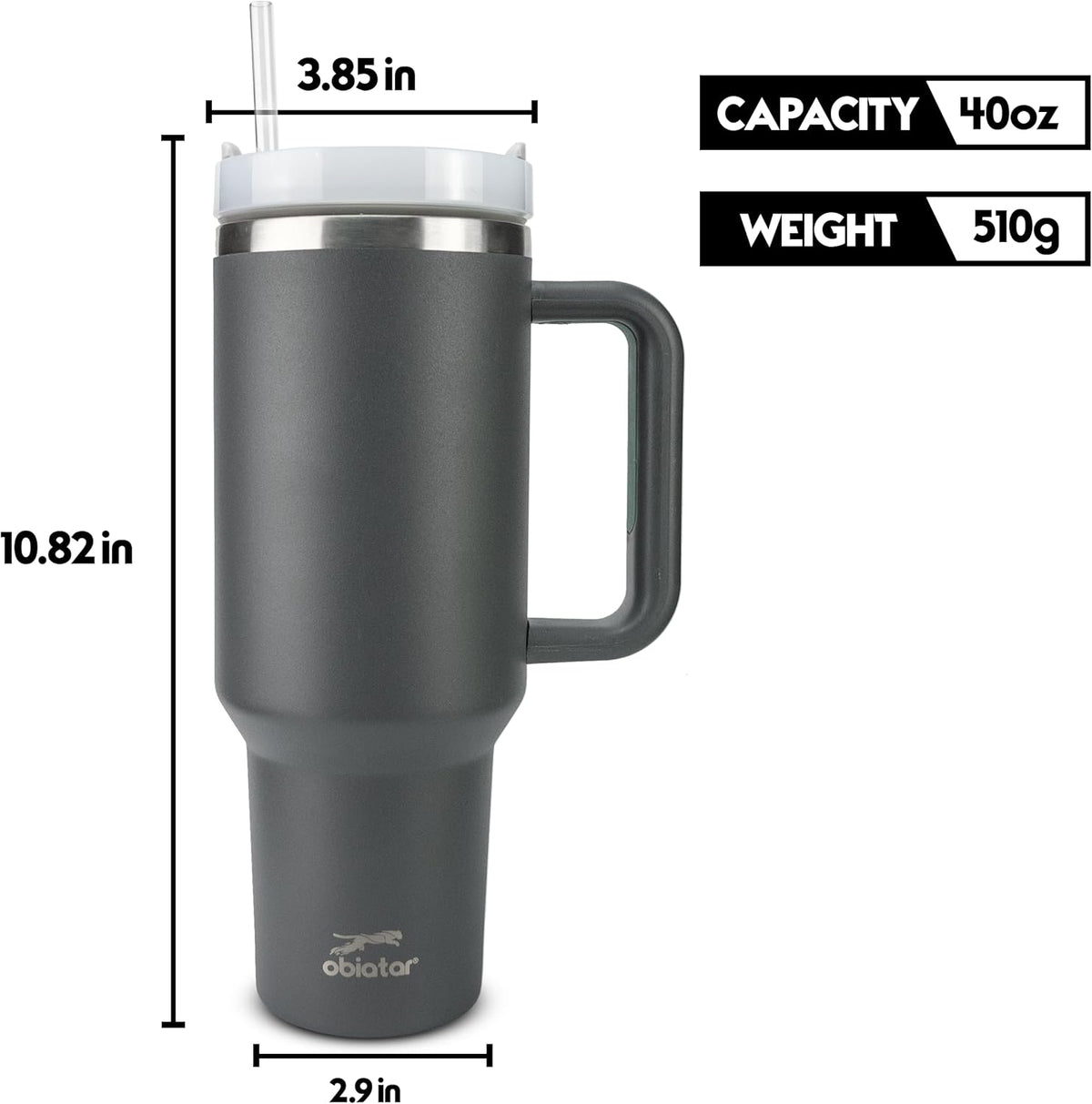 Obiatar H2.0 Tumbler with Handle, Straw & Lid 40 oz Vacuum Double Wall Insulated Stainless Steel Cup| Cup Holder Friendly (Dark Gray)