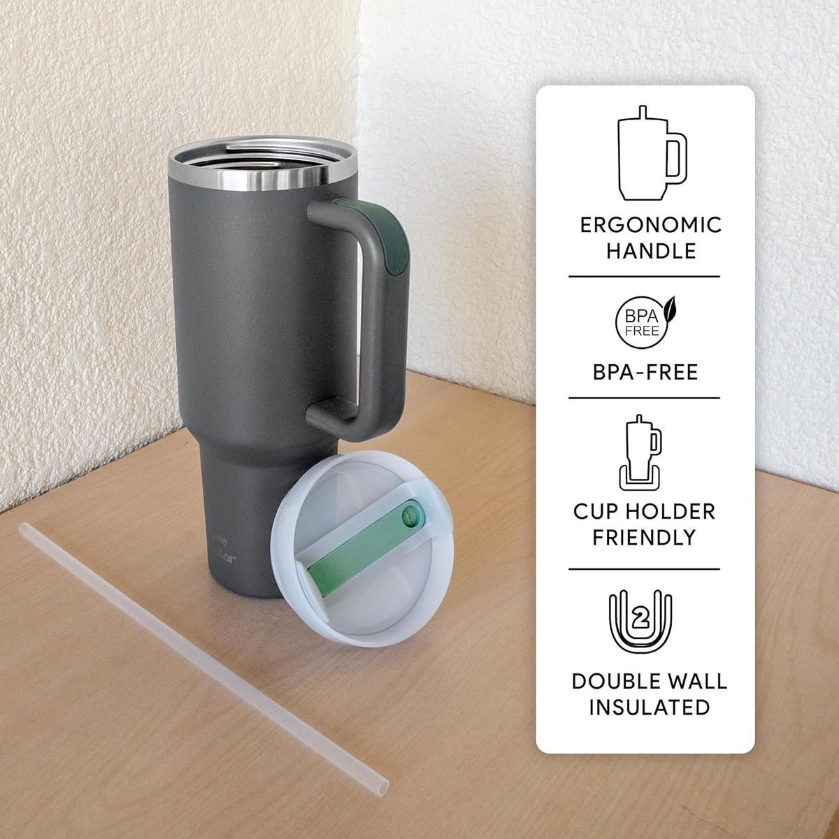 Obiatar H2.0 Tumbler with Handle, Straw & Lid 40 oz Vacuum Double Wall Insulated Stainless Steel Cup| Cup Holder Friendly (Dark Gray)