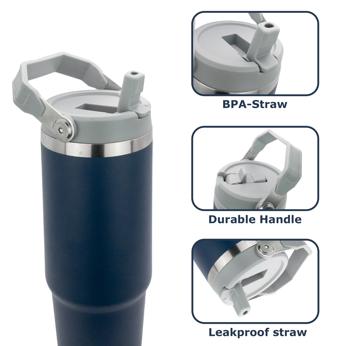 Obiatar 30 oz Tumbler with Handle | Insulated Tumbler with 100% Leak-Proof Lid and Straw | Stainless Steel Vacuum Water Bottle Travel Mug | Keeps Cold & Hot Drink (Navy Blue)