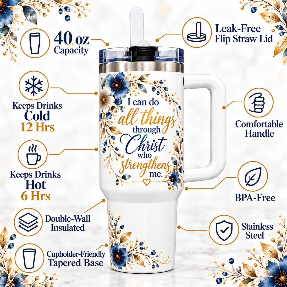 Philippians 4:13 Christian 40oz Tumbler with Handle – Floral Faith Insulated Travel Cup, “I Can Do All Things Through Christ”