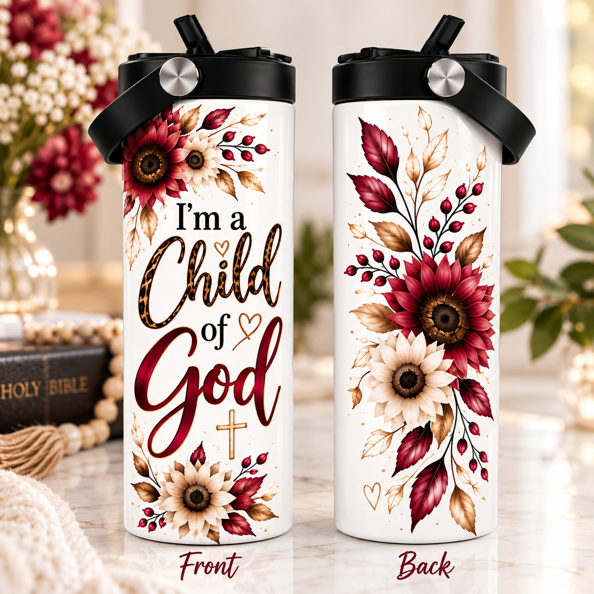 I'm a Child of God 20oz Straight Tumbler with Flip Straw Lid – Christian Floral Insulated Travel Mug