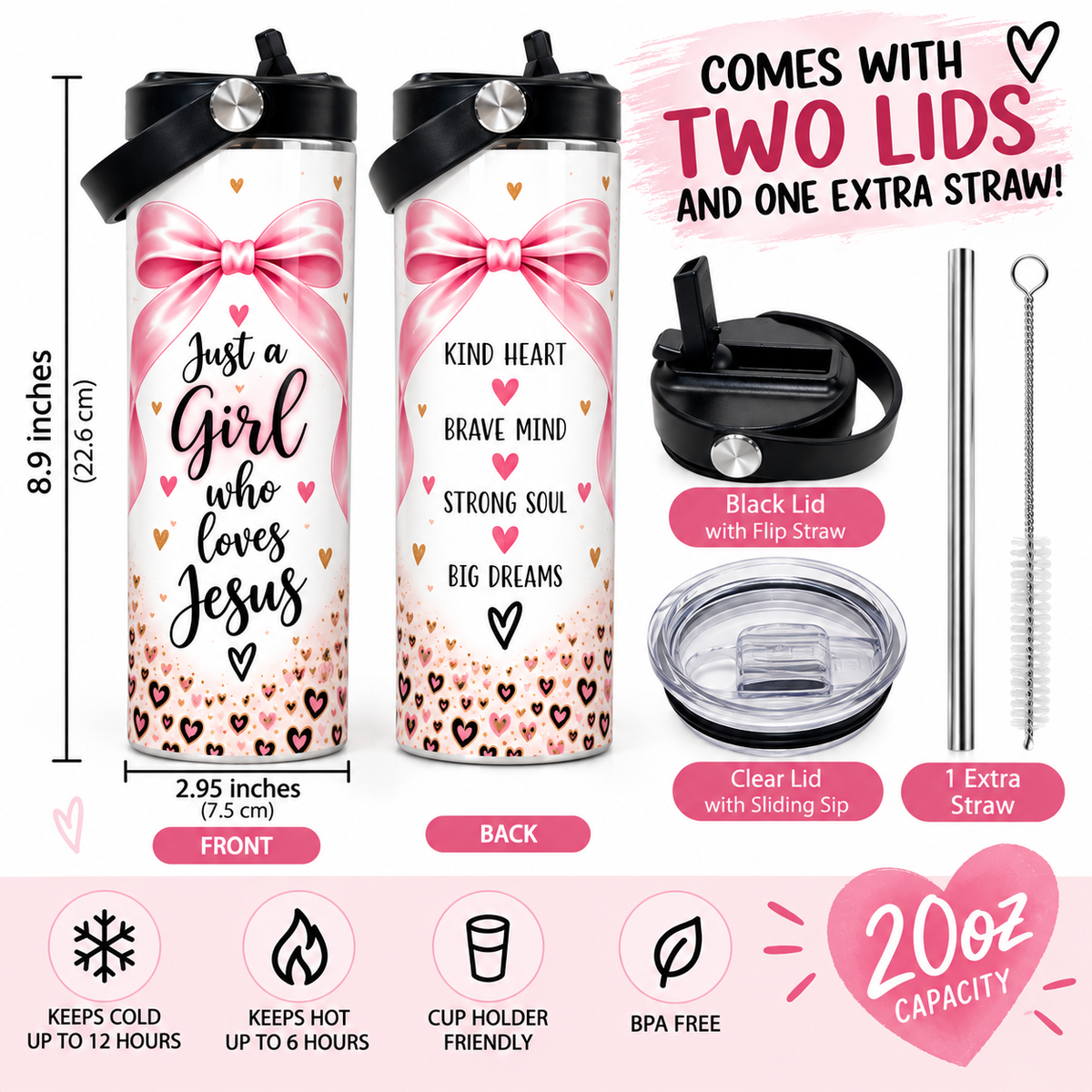 Just a Girl Who Loves Jesus" Pink Bow & Butterfly 20oz Insulated Tumbler | Leak-Proof Lid