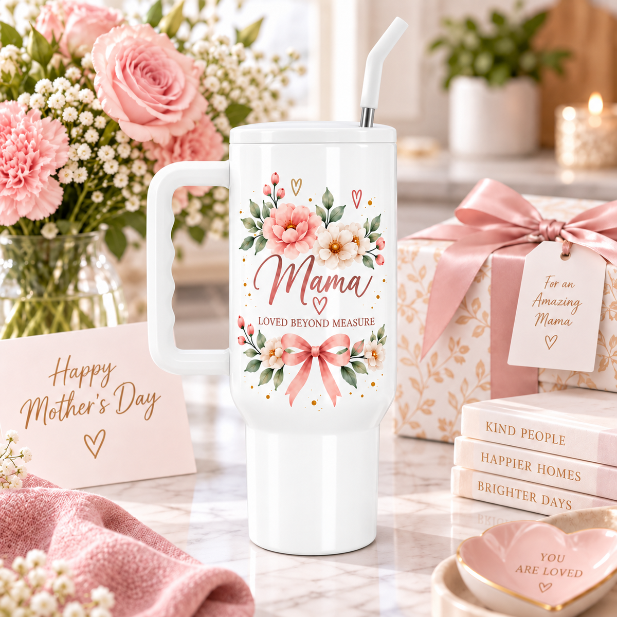 Mama Loved Beyond Measure 40oz Tumbler – Floral Mom Gift with Handle & Straw