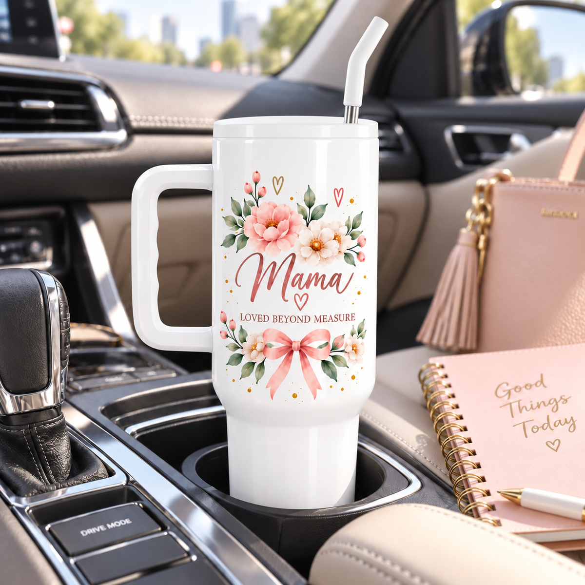 Mama Loved Beyond Measure 40oz Tumbler – Floral Mom Gift with Handle & Straw