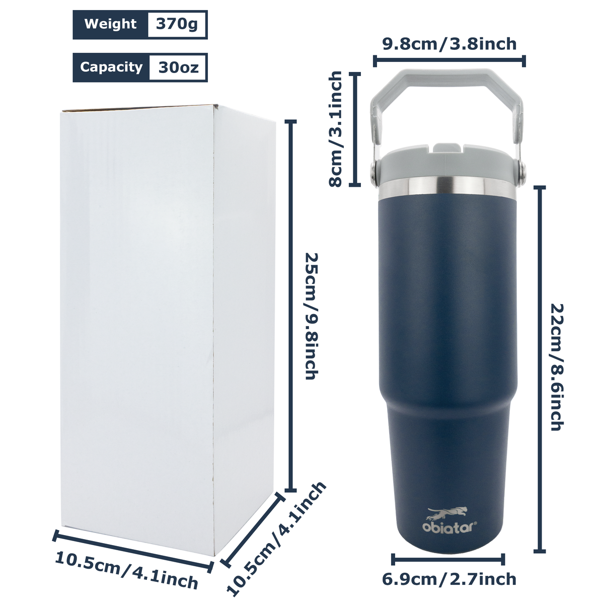 Obiatar 30 oz Tumbler with Handle | Insulated Tumbler with 100% Leak-Proof Lid and Straw | Stainless Steel Vacuum Water Bottle Travel Mug | Keeps Cold & Hot Drink (Navy Blue)