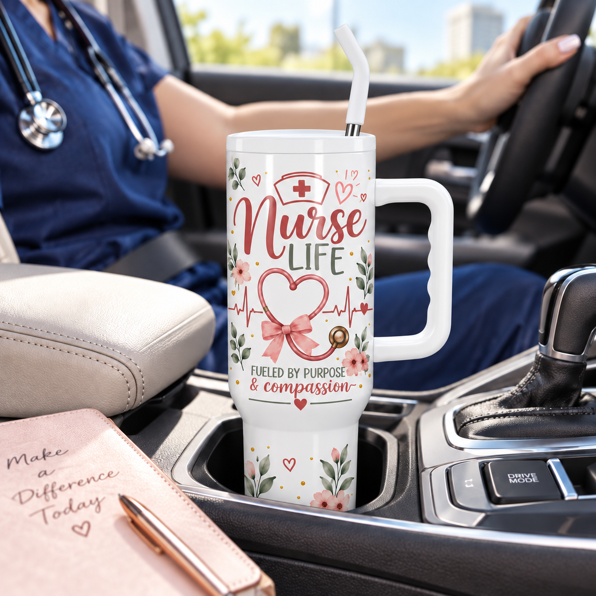 Nurse Life 40oz Tumbler – Insulated Nurse Gift Cup with Handle & Straw