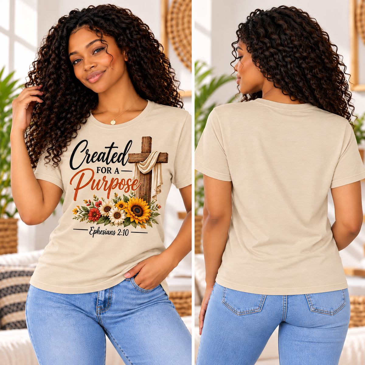 Created for a Purpose Ephesians 2:10 Sandstone model wearing front and plain back