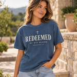 Obiatar Redeemed by His Blood Christian graphic T-shirt Blue Jean on model