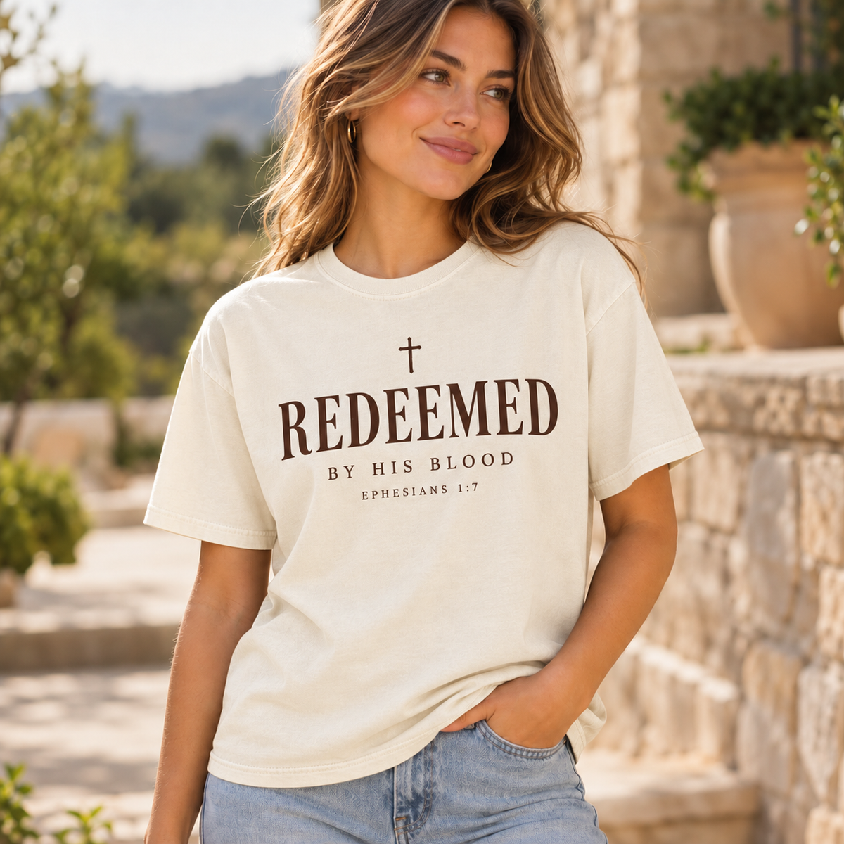 Obiatar Redeemed by His Blood Christian graphic T-shirt Ivory on model