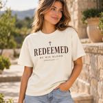 Obiatar Redeemed by His Blood Christian graphic T-shirt Ivory on model