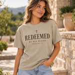 Obiatar Redeemed by His Blood Christian graphic T-shirt Sandstone on model