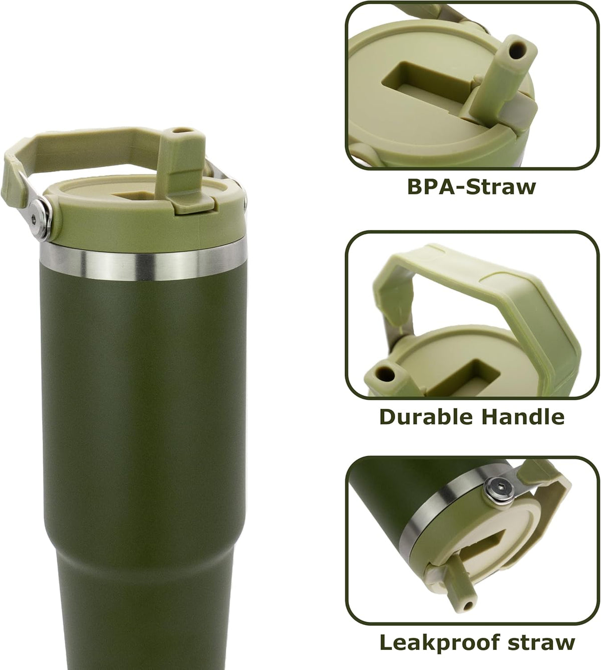 Obiatar 30 oz Tumbler with Handle | Insulated Tumbler with 100% Leak-Proof Lid and Straw | Stainless Steel Vacuum Water Bottle Travel Mug | Keeps Cold & Hot Drink (Olive)