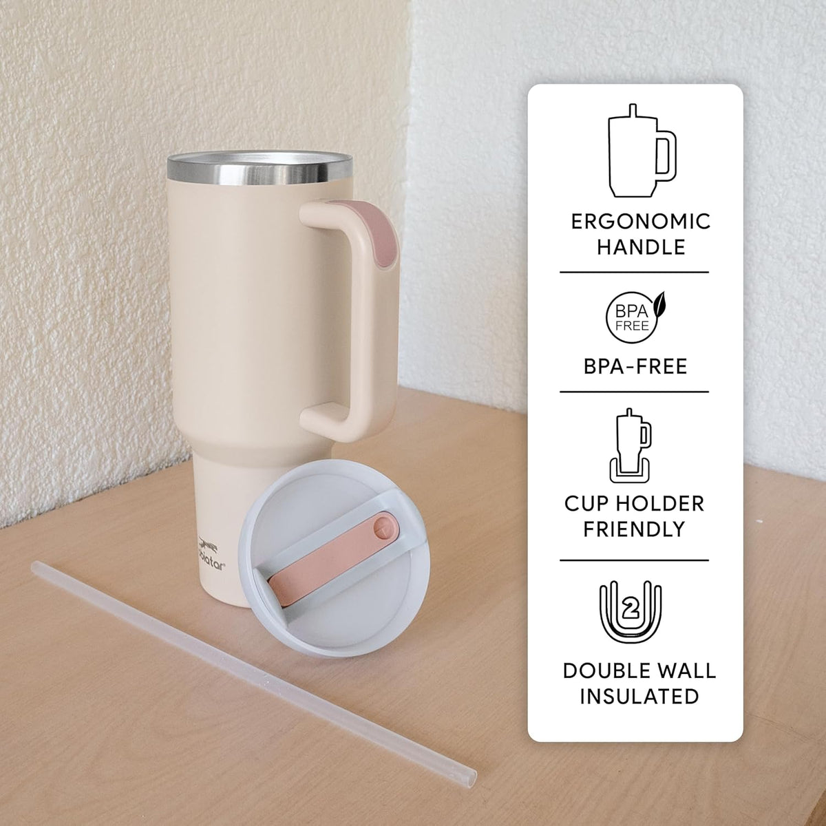 Obiatar H2.0 Tumbler with Handle, Straw & Lid 40 oz Vacuum Double Wall Insulated Stainless Steel Cup| Cup Holder Friendly (Rose Quartz)
